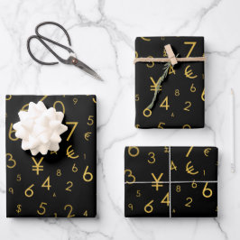 Black Gold Luxury Numbers Währungssymbole Muster Geschenkpapier Set