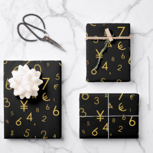 Black Gold Luxury Numbers Währungssymbole Muster Geschenkpapier Set