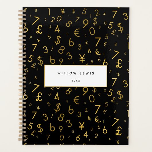 Black Gold Luxury Numbers Währungssymbole Muster Planer (Vorderseite)