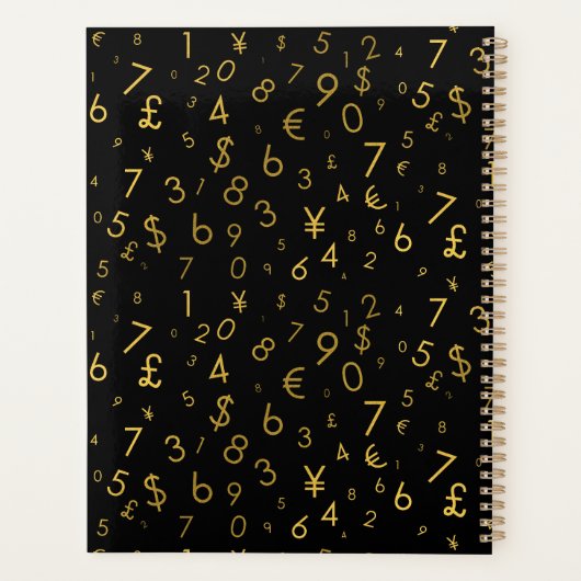 Black Gold Luxury Numbers Währungssymbole Muster Planer (Rückseite)