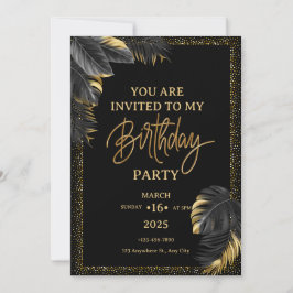 Black Gold Luxury Tropical Leaf Happy Birthday Einladung
