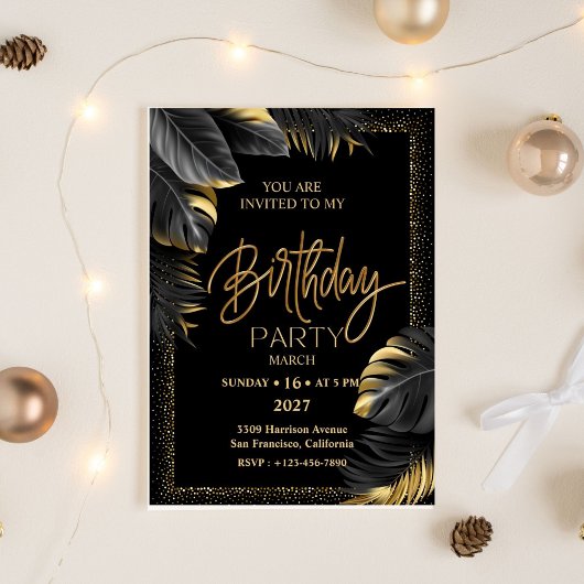 Black Gold Luxury Tropical Leaf Happy Birthday Einladung