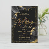 Black Gold Luxury Tropical Leaf Happy Birthday Einladung (Stehend Vorderseite)