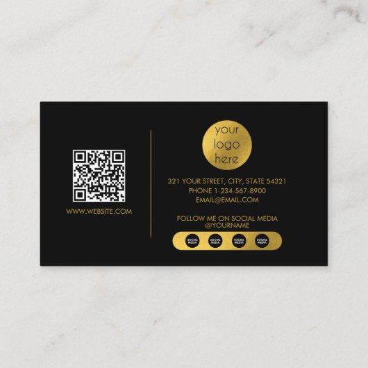 Black Gold Luxus Script QR Code Social Media Visitenkarte (Rückseite)