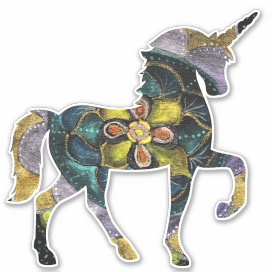 Black & Gold Mandala Einhorn Kunst, Dichtung und M Aufkleber (Vorderseite)
