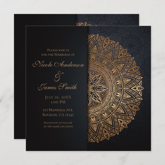 Black & Gold Mandala Elegante Hochzeit Einladung (Vorne/Hinten)