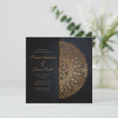 Black & Gold Mandala Elegante Hochzeit Einladung (Stehend Vorderseite)