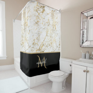 Black Gold & Marble Monogram Elegant Luxury Duschvorhang