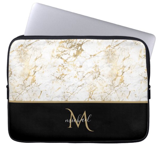 Black Gold & Marble Monogram Elegant Luxury Laptopschutzhülle (Vorderseite)