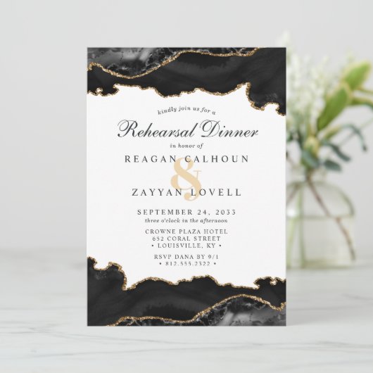 Black Gold Marmor Agate Moderne Probe Abendessen i Einladung (Stehend Vorderseite)