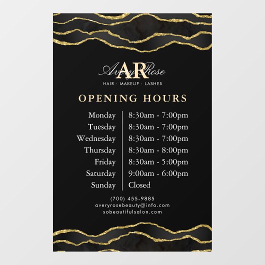 Black & Gold Marmor Agate Schönheitssalon Stunden Fensteraufkleber (Blatt)