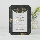 Black Gold Marmor Art Deco Hochzeit Einladung (Stehend Vorderseite)