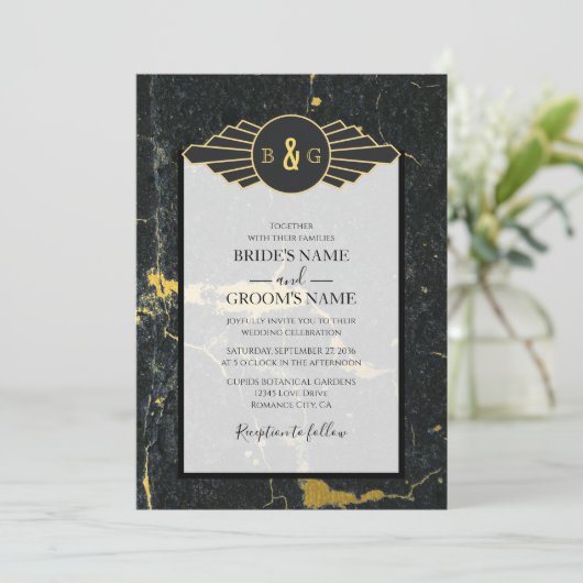 Black Gold Marmor Art Deco Hochzeit Einladung (Stehend Vorderseite)