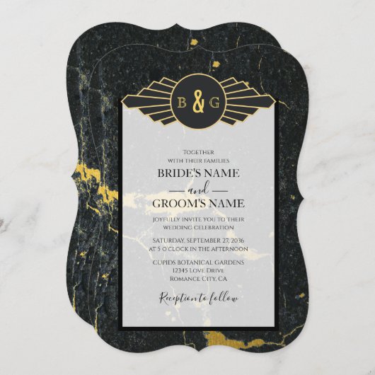 Black Gold Marmor Art Deco Hochzeit Einladung (Vorne/Hinten)