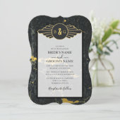 Black Gold Marmor Art Deco Hochzeit Einladung (Stehend Vorderseite)