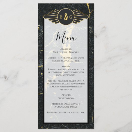 Black Gold Marmor Art Deco Hochzeit Menükarte (Vorderseite)
