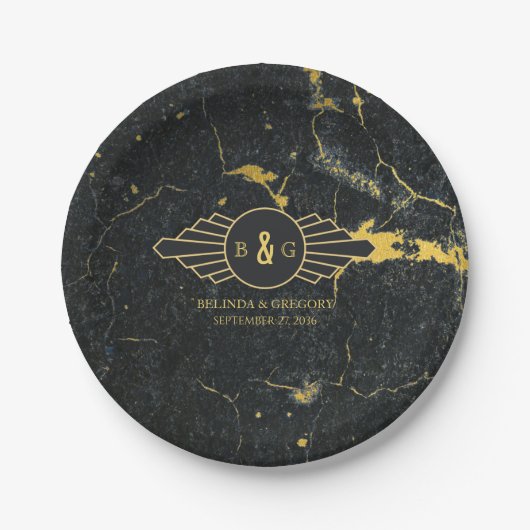 Black Gold Marmor Art Deco Hochzeit Pappteller (Vorderseite)
