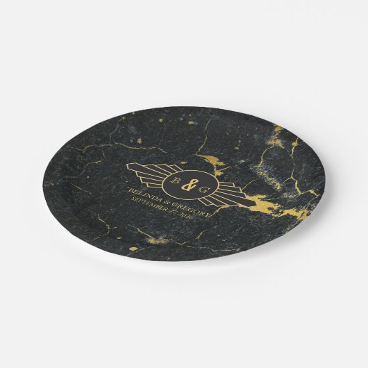 Black Gold Marmor Art Deco Hochzeit Pappteller (Schrägansicht)