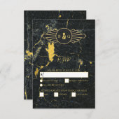 Black Gold Marmor Art Deco Hochzeit RSVP Karte (Vorne/Hinten)