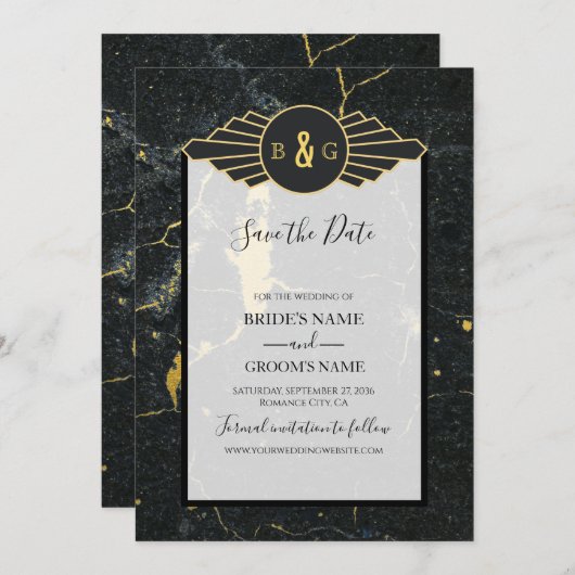 Black Gold Marmor Art Deco Hochzeit Save The Date (Vorne/Hinten)