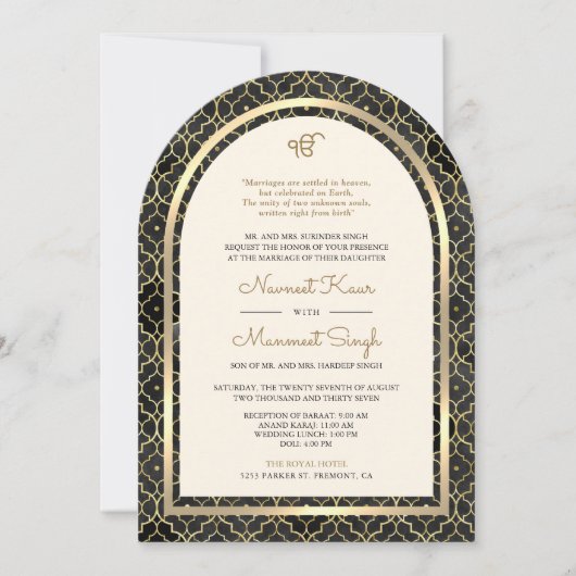 Black Gold marokkanische QR Code Sikh Arch Wedding Einladung (Vorderseite)