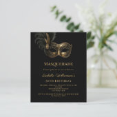 Black gold Masquerade birthday party invitation (Stehend Vorderseite)