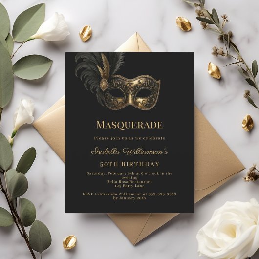 Black gold Masquerade birthday party invitation
