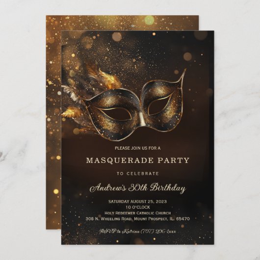 Black Gold Masquerade Geburtstagsparty Einladung (Vorne/Hinten)