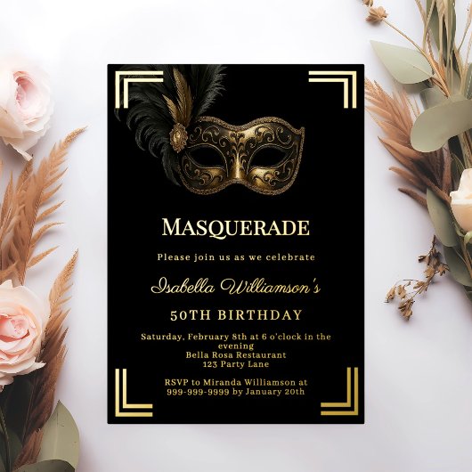 Black gold Masquerade luxury birthday party Folieneinladung