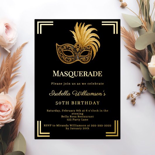 Black gold Masquerade luxury birthday party Folieneinladung