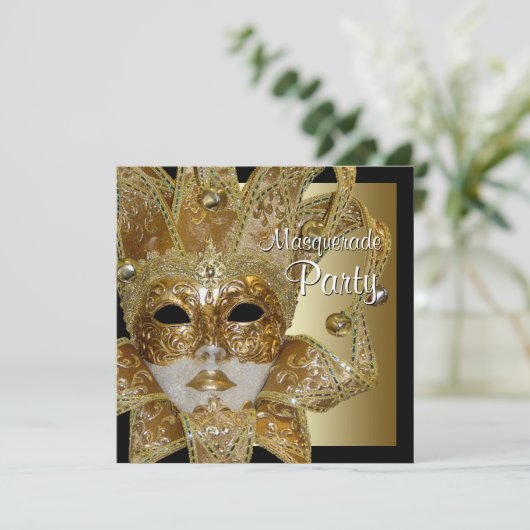 Black Gold Masquerade Party Einladungen (Stehend Vorderseite)