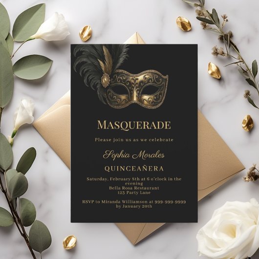 Black gold Masquerade Quinceanera Einladung