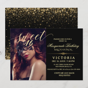 Black & Gold Masquerade Sweet 16 Geburtstag Foto Einladung