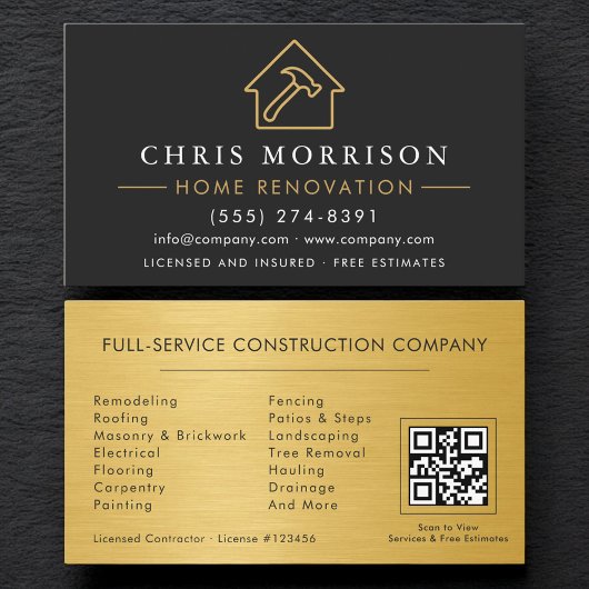 Black Gold Metal Home Renovation QR Code Visitenkarte