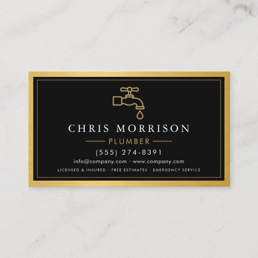 Black Gold Metallic Plumber Contractor QR Code  Visitenkarte (Vorderseite)