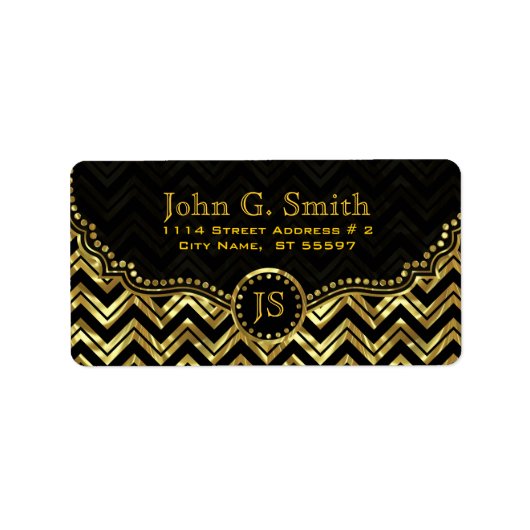 Black & Gold Metallic Zickzack Zigzag Muster Adressaufkleber (Vorne)