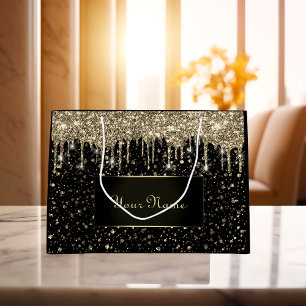 Black Gold Minimal Name Lux VIP Glitzer Tropfen Große Geschenktüte