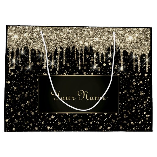 Black Gold Minimal Name Lux VIP Glitzer Tropfen Große Geschenktüte (Rückseite)