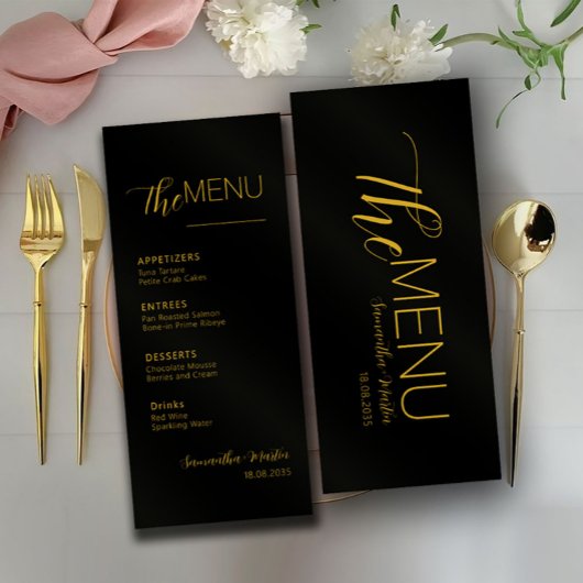 Black Gold Minimal Script Wedding Menü Menükarte