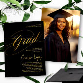 Black & Gold Minimal Scripted Grad Zeremonie Foto Einladung