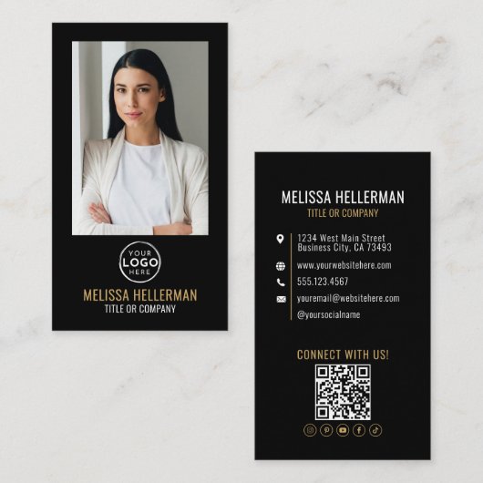 Black Gold Minimalist Photo QR Code Logo Visitenkarte (Vorne/Hinten)