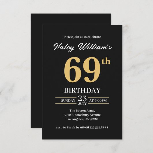 Black Gold Minimalistisch Modern Einfach 69. Gebur Einladung (Vorne/Hinten)
