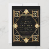 Black & Gold Modern Art Deco Wedding Invitation Einladung (Vorderseite)