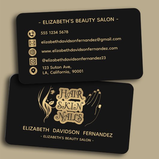 Black & Gold Modern Beauty Salon Logo Social Media Visitenkarte