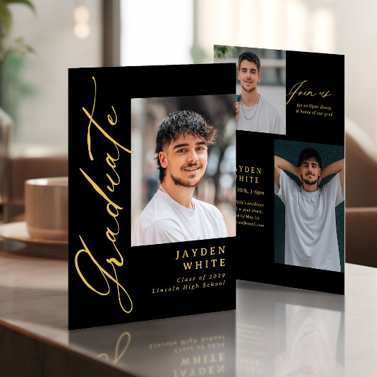 Black Gold Modern Calligraphy Photo Graduation Einladung
