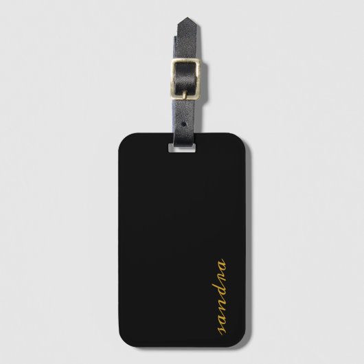 Black Gold Modern Chic Script Girly Monogram Name Gepäckanhänger (Vorderseite Vertikal)