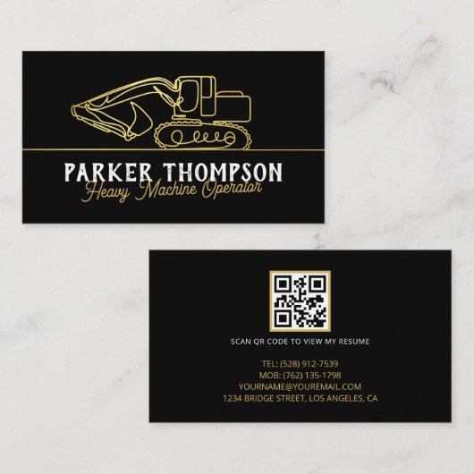 Black Gold Modern Heavy Machine Operator QR Code Visitenkarte (Vorne/Hinten)