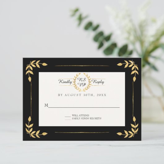 Black Gold Modern Laurel Leaf Wreath Foliage UAWG RSVP Karte (Stehend Vorderseite)