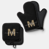 Black Gold Modern Name Monogram Ofenhandschuh & Topflappen-Set (Vorderseite/Rückseite)
