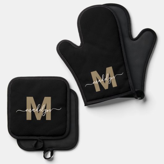 Black Gold Modern Name Monogram Ofenhandschuh & Topflappen-Set (Vorderseite/Rückseite)